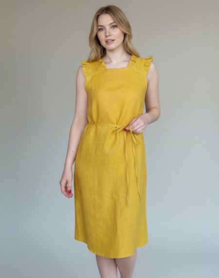 lininė suknelė iki kelių, su be rankovių, su plačiomis petnešėlėmis, su dirželiu