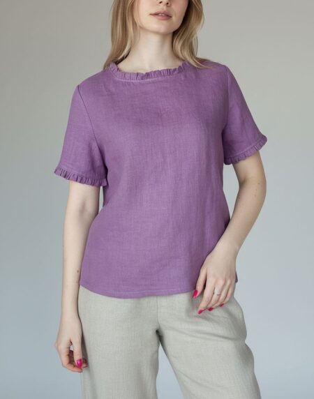 lininė palaidinė trumpomis rankovėmis, rankovės su raukinukais, palaidinės iškirptė su raukinukais