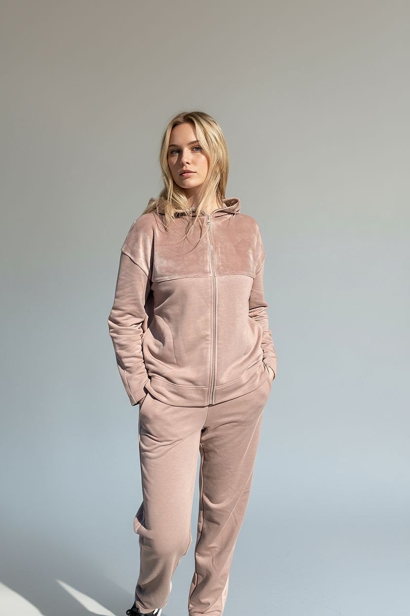 kapučino laisvalaikio kostiumas su užtrauktuku ir kapišonu