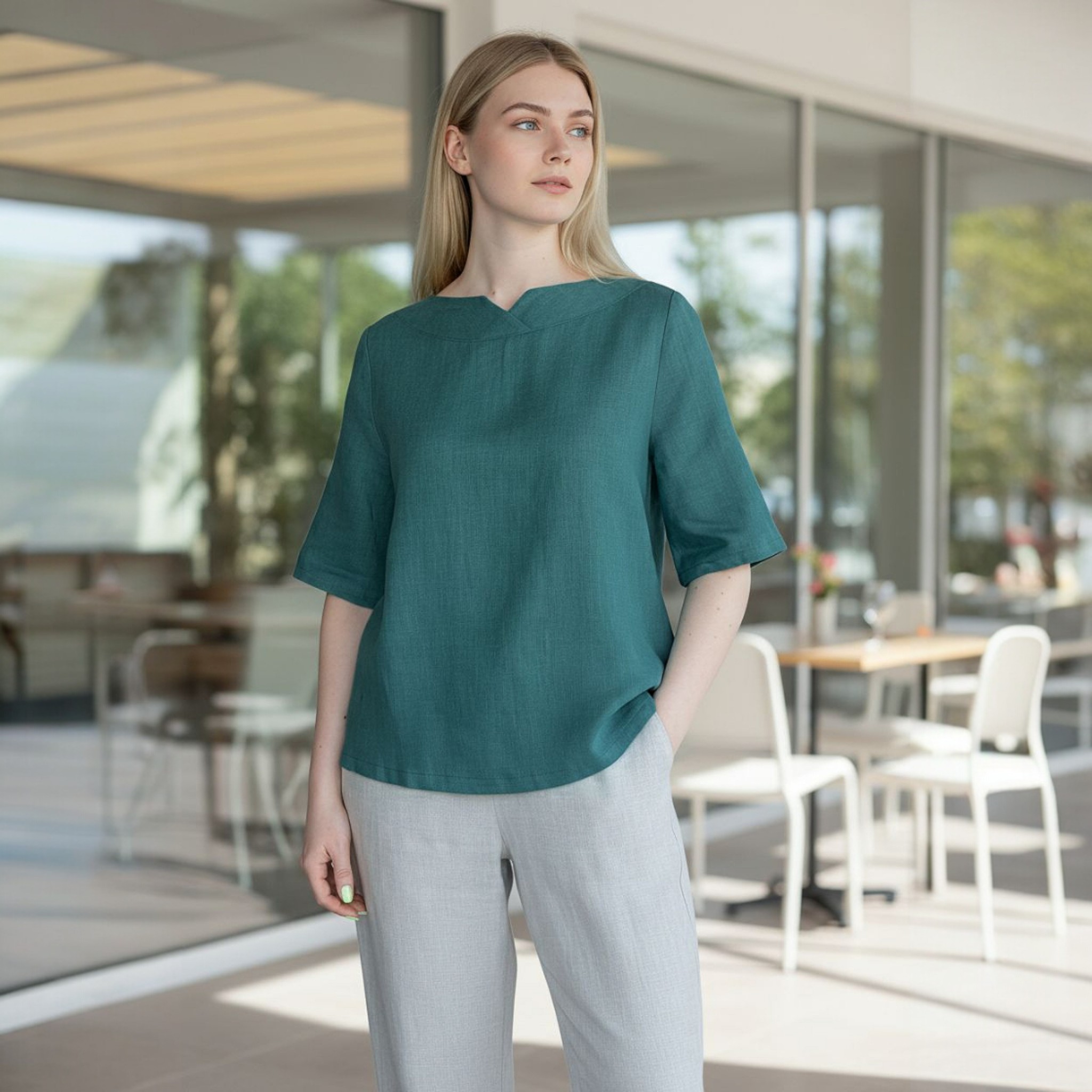 lininė palaidinė ilgesnėmis rankovėmis, lininė palaidinė rankvės iki alkūnių