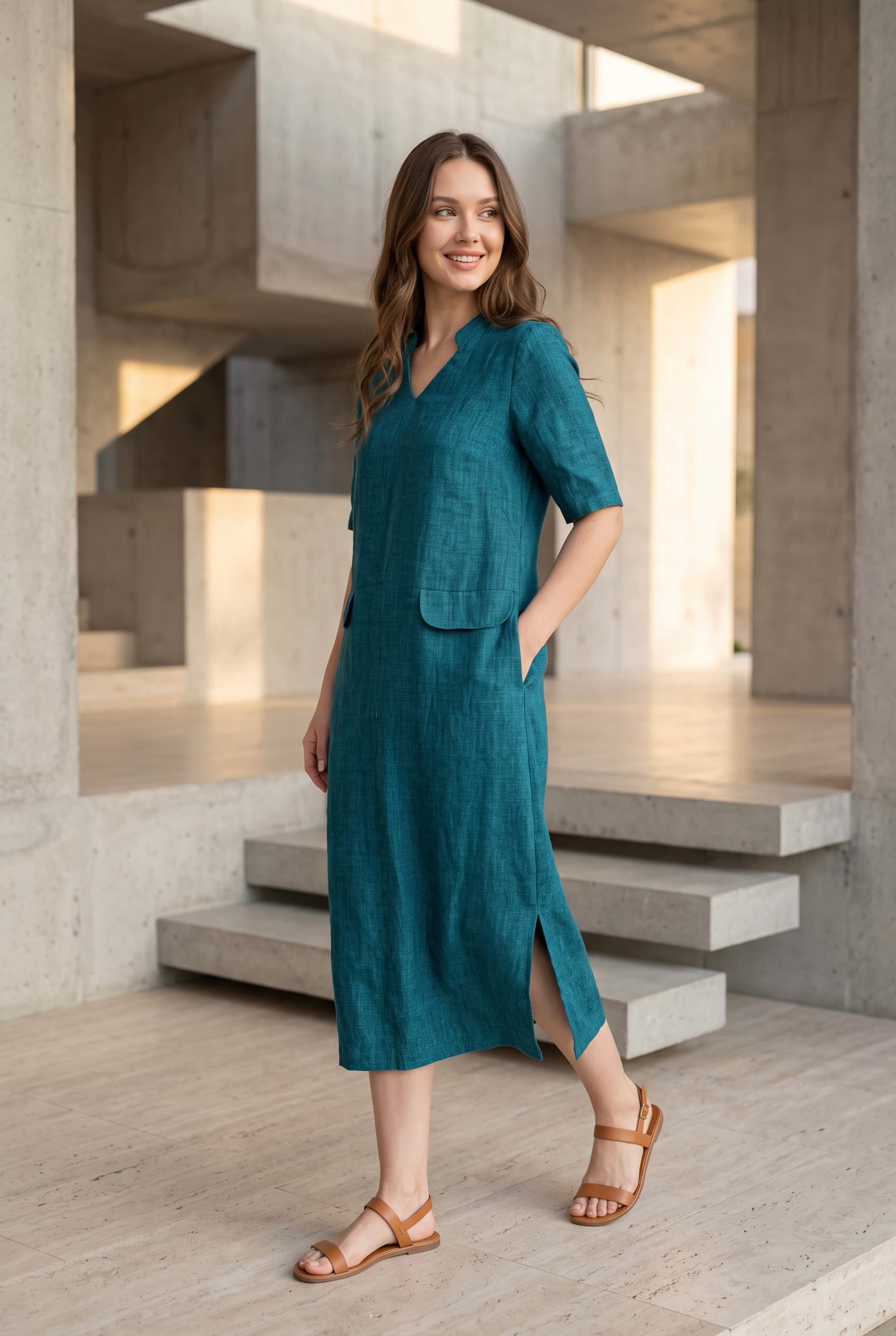 Ilga lininė suknelė su kišenėmis - Image 5