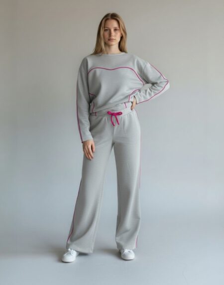 šviesiai pilkas laisvalaikio kostiumas su plačiomis kelnėmis