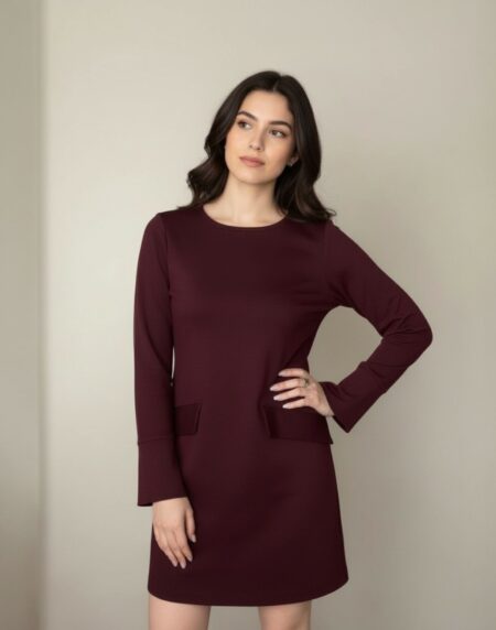 burgundiška suknelė, ilgomis rankovėmis, aukščiau kelių