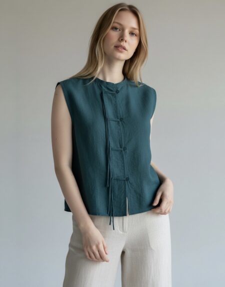 susegama lininė palaidinė, lininė palaidinė be rankovių, su sagutėmis