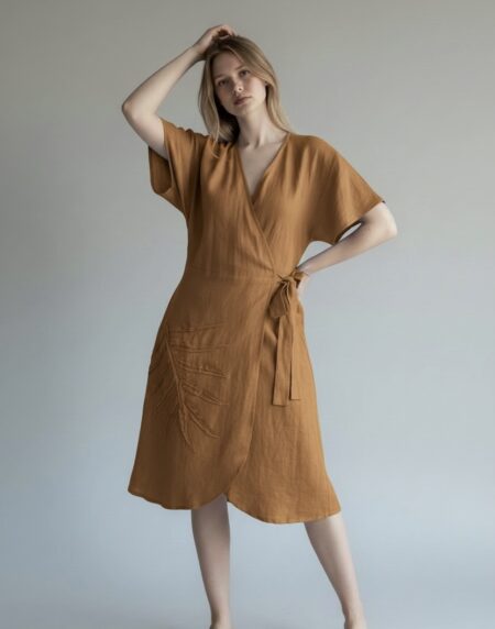 surišama lininė suknelė, trumpos kimono rankovės, suknelė iki kelių