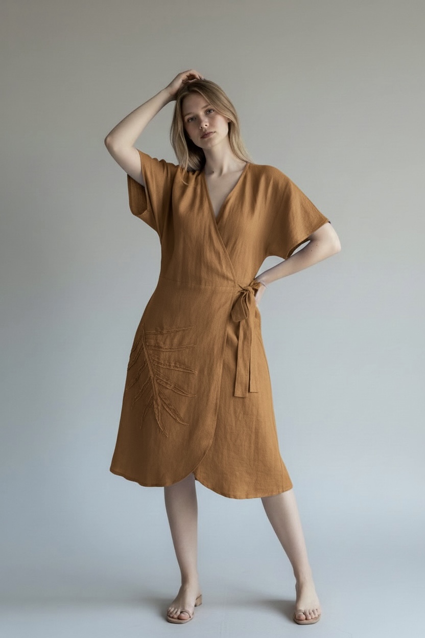 surišama lininė suknelė, trumpos kimono rankovės, suknelė iki kelių