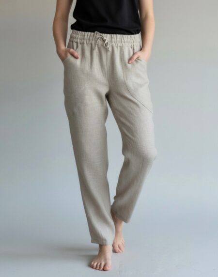 siaurėjančios lininės kelnės su kišenėmis, liemuo su guma