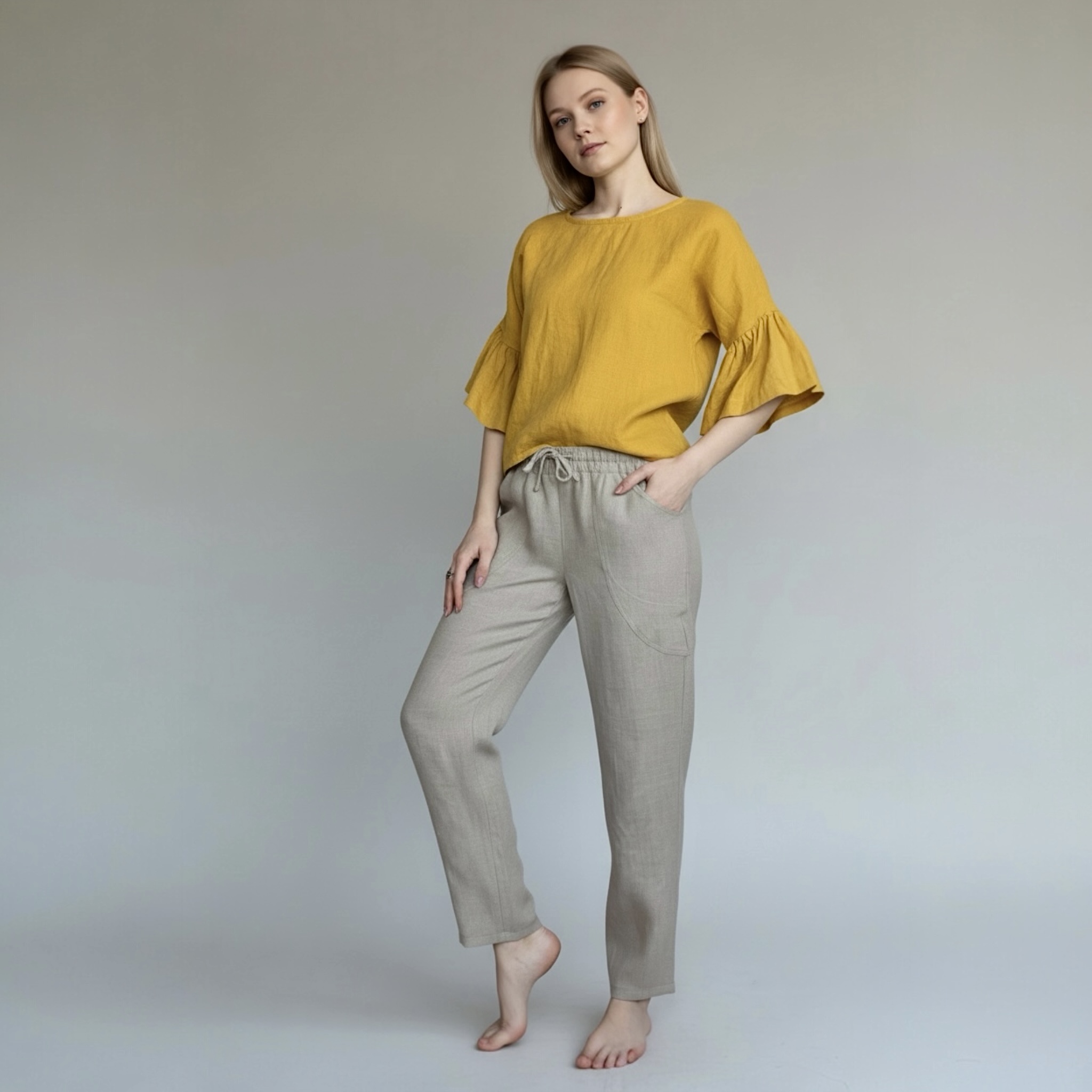 Siaurėjančios lininės kelnės su uždėtinėmis kišenėmis - Image 5