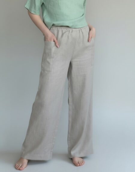 plačios lininės kelnės su kišenėmis, elastingas liemuo