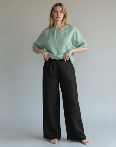 juodos plačios lininės kelnės