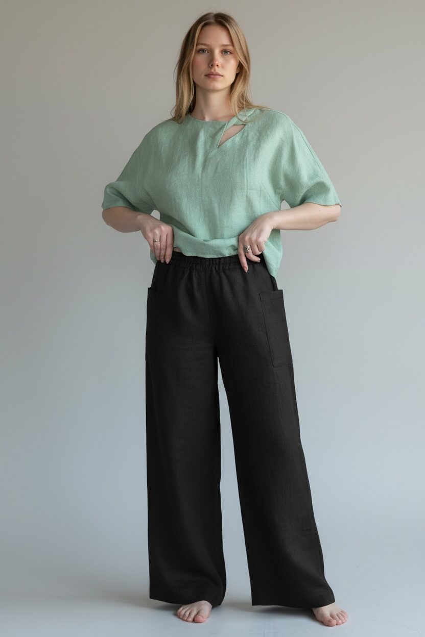 juodos plačios lininės kelnės