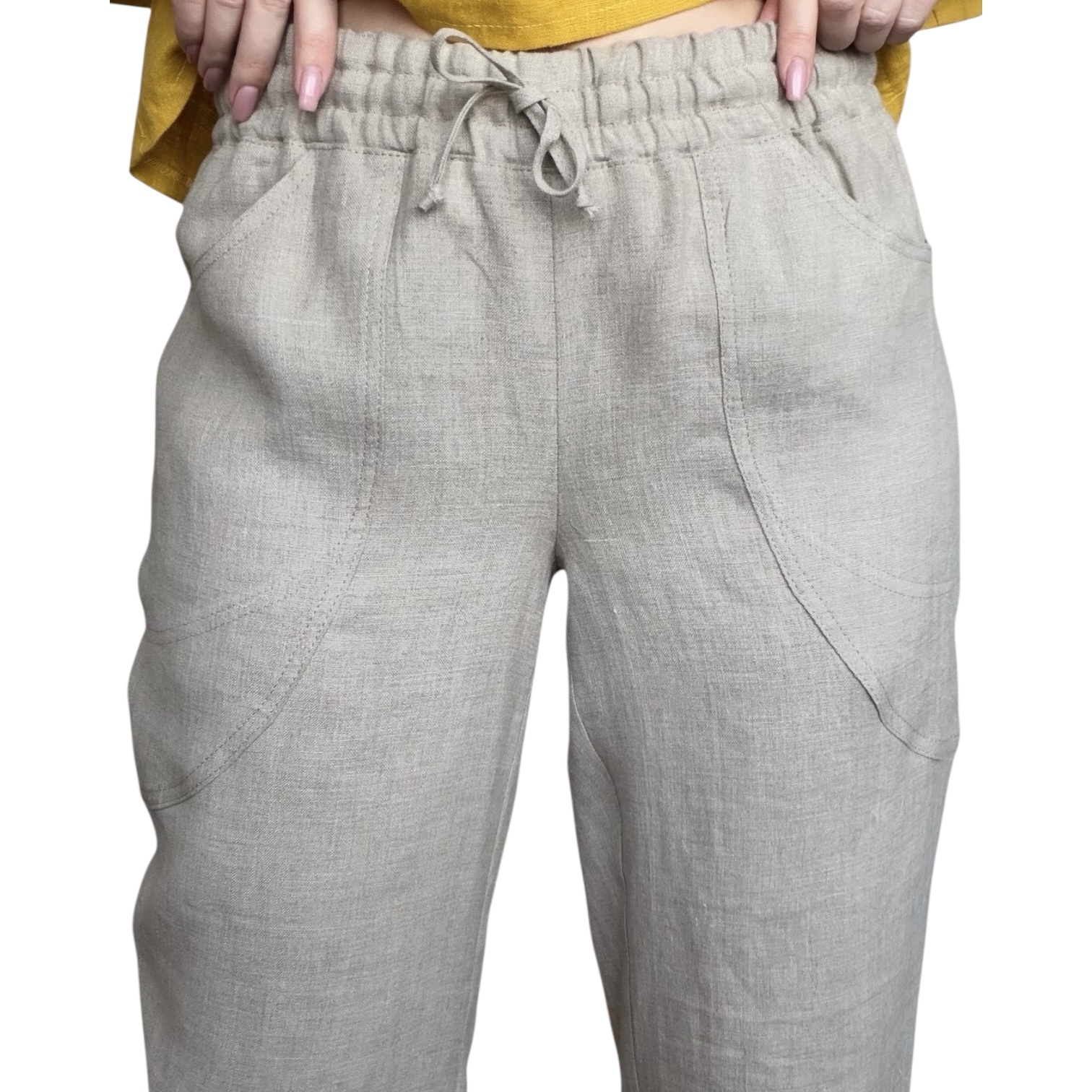 Siaurėjančios lininės kelnės su uždėtinėmis kišenėmis - Image 2