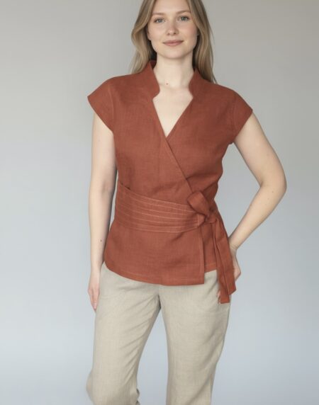 surišama lininė palaidinė, trumpomis rankovėmis, v iškirptė