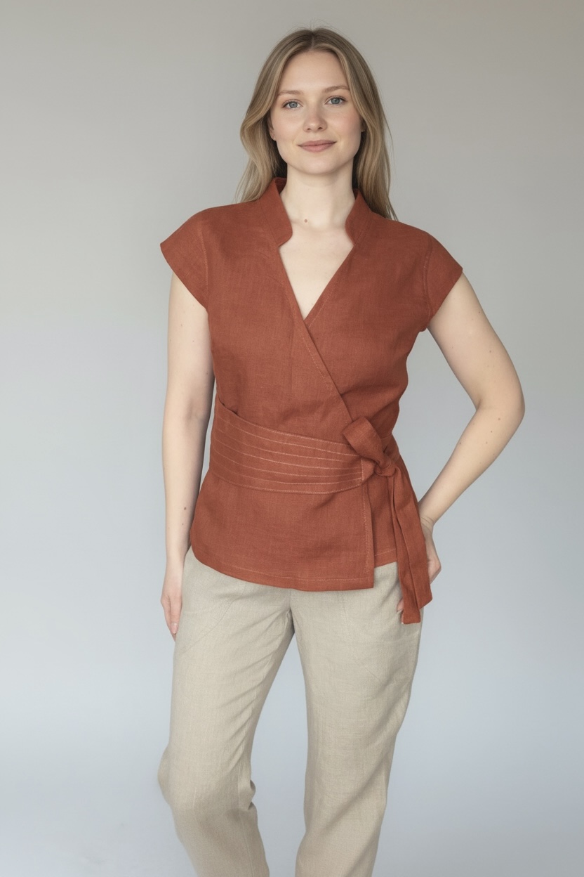 surišama lininė palaidinė, trumpomis rankovėmis, v iškirptė