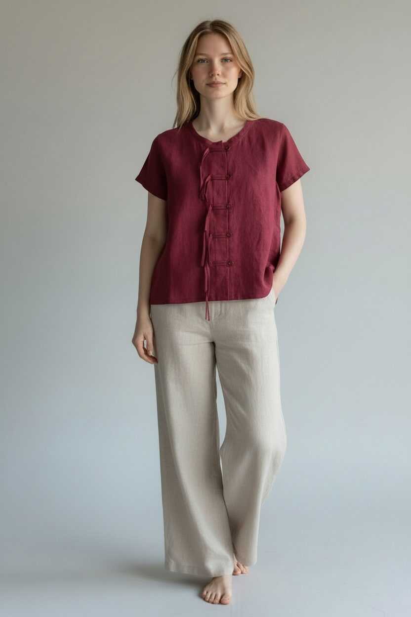 Susagstoma lininė palaidinė trumpomis rankovėmis - Image 5