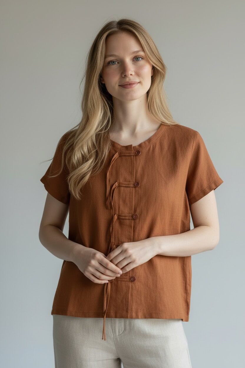 Susagstoma lininė palaidinė trumpomis rankovėmis - Image 3