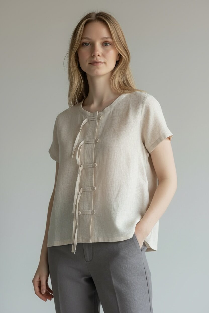 Susagstoma lininė palaidinė trumpomis rankovėmis - Image 4