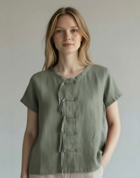 susagstoma lininė palaidinė trumpomis rankovėmis