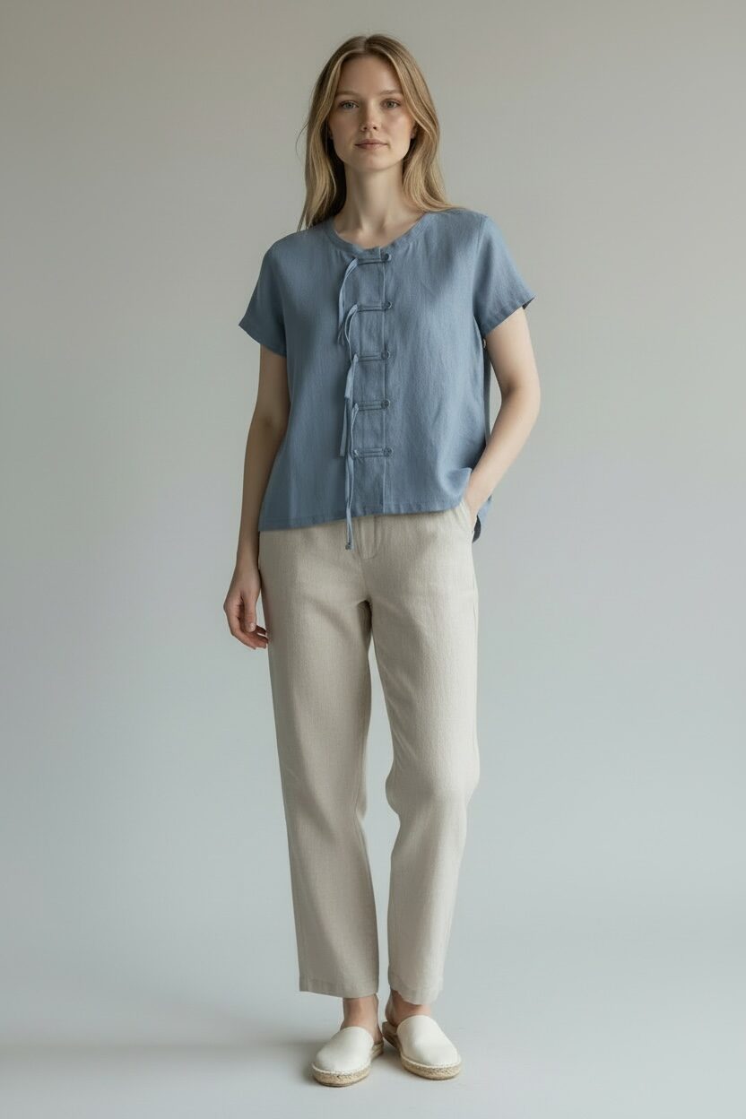 Susagstoma lininė palaidinė trumpomis rankovėmis - Image 2