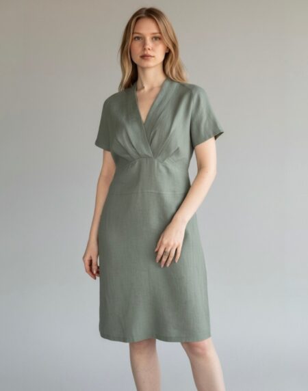 chaki spalvos lininė suknelė, v iškirptė