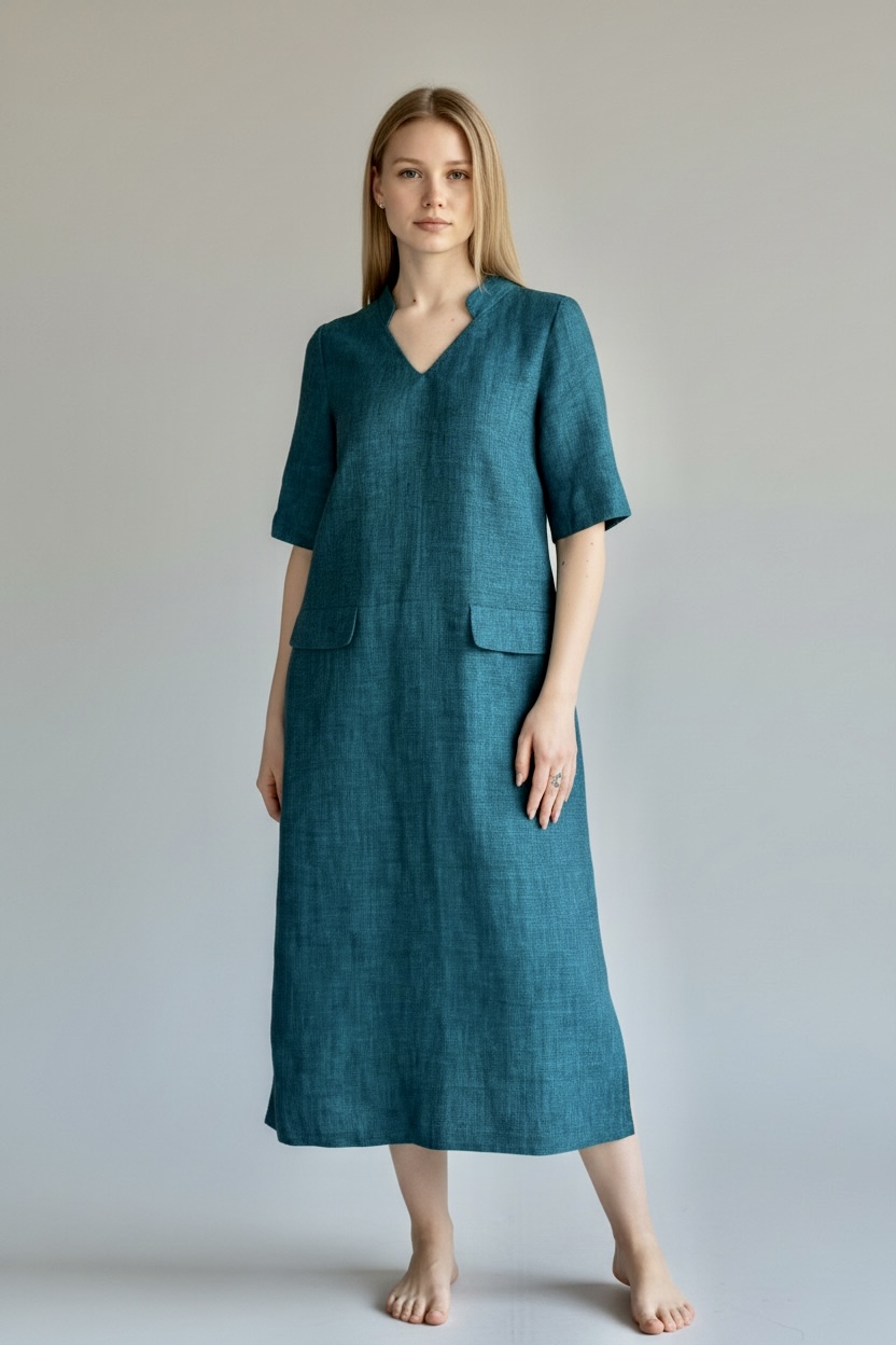 Ilga lininė suknelė su kišenėmis - Image 3