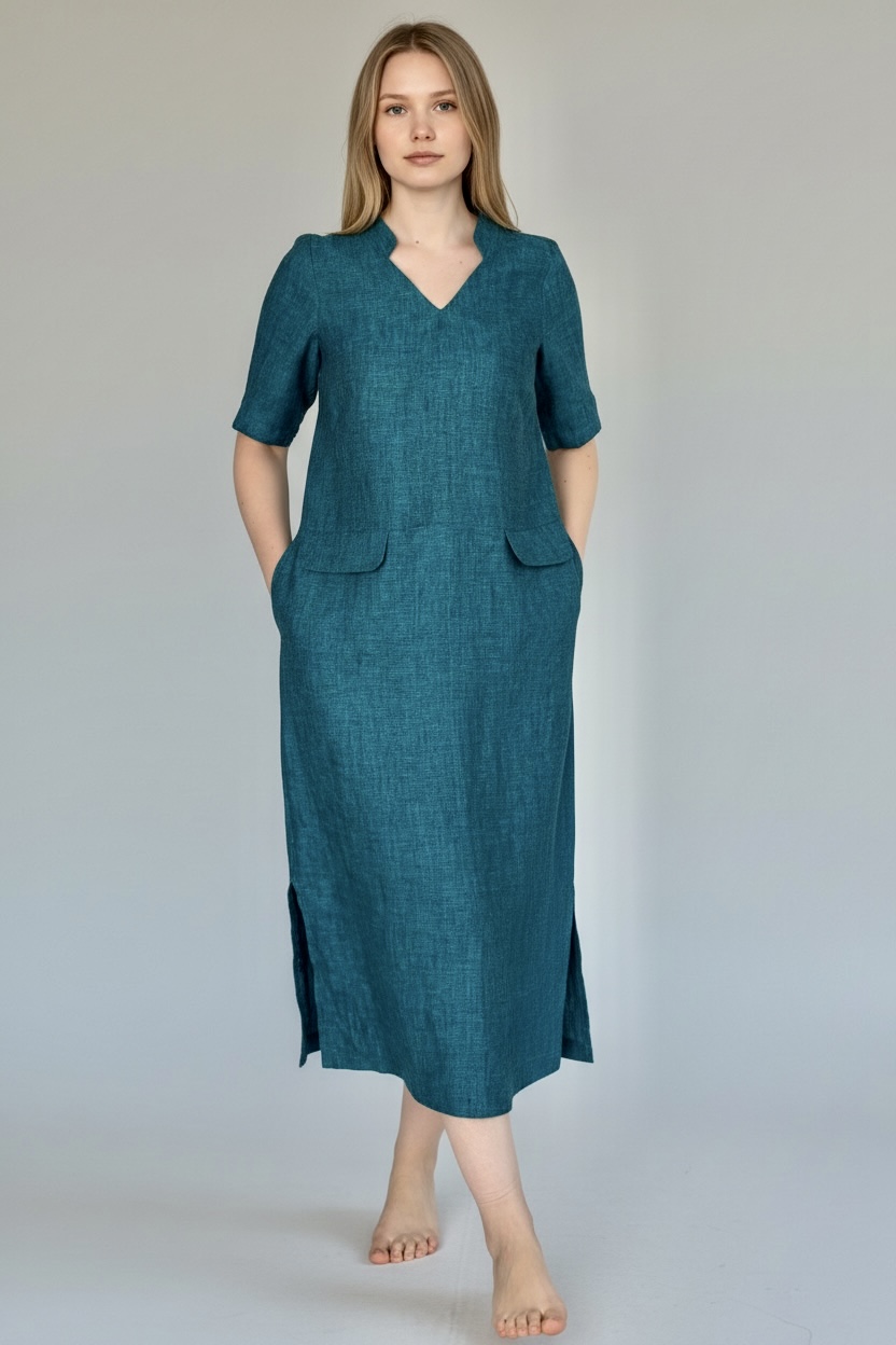 Ilga lininė suknelė su kišenėmis - Image 2