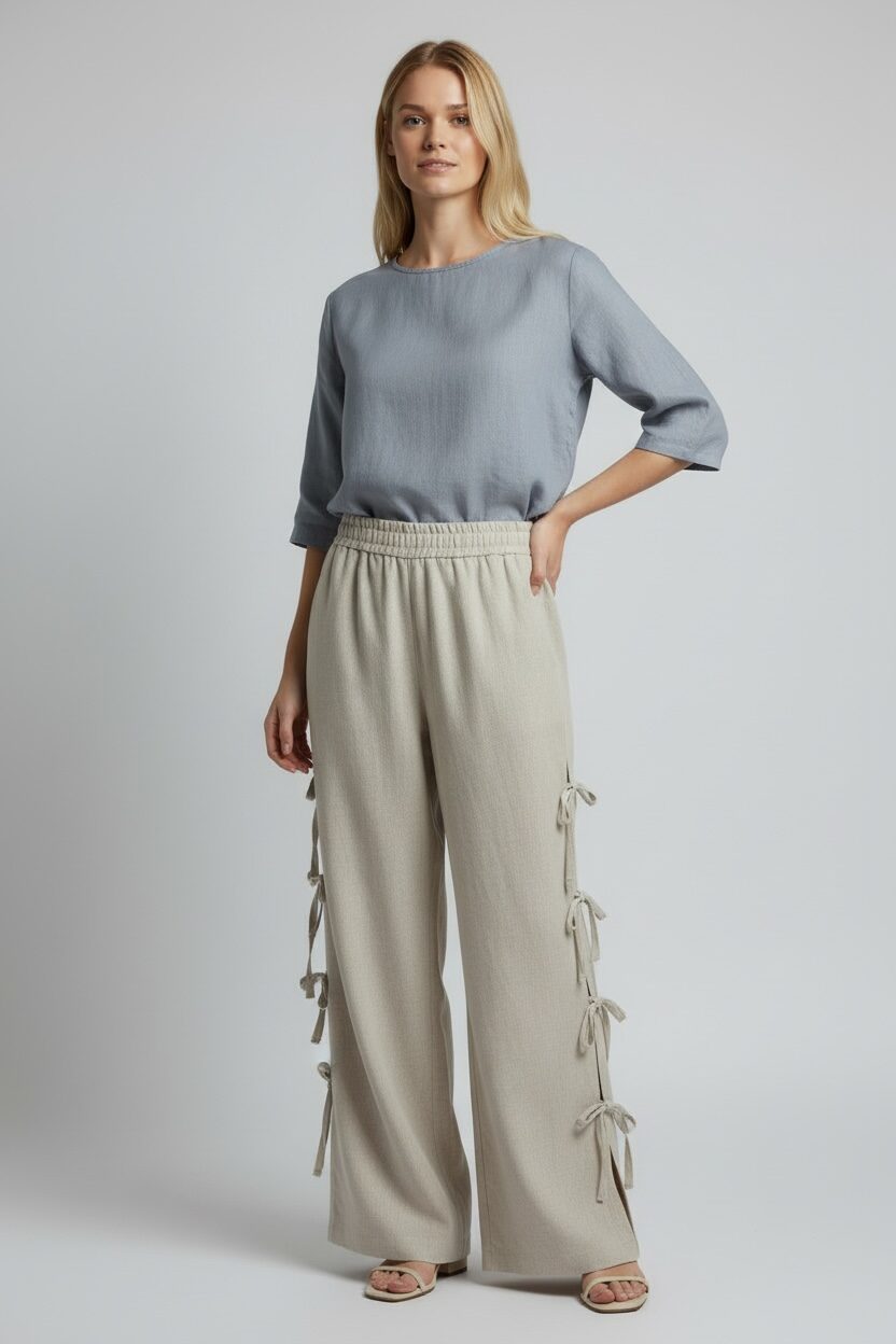 Plačios lininės kelnės su raišteliais šonuose - Image 3