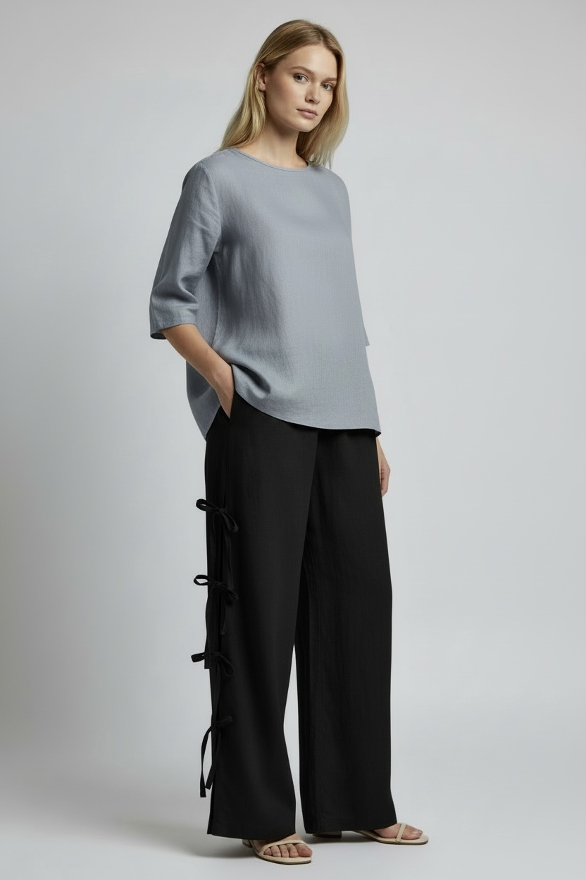 Plačios lininės kelnės su raišteliais šonuose - Image 2