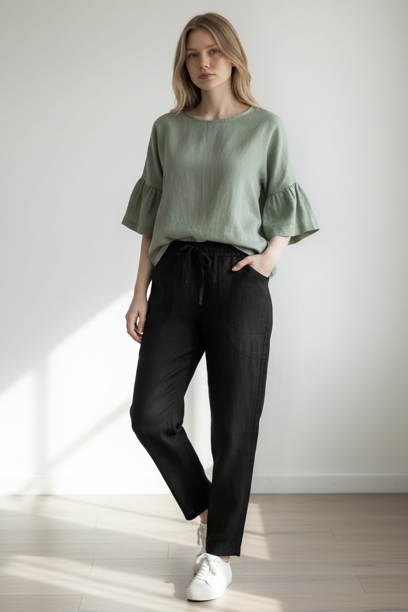 Siaurėjančios lininės kelnės su uždėtinėmis kišenėmis - Image 3