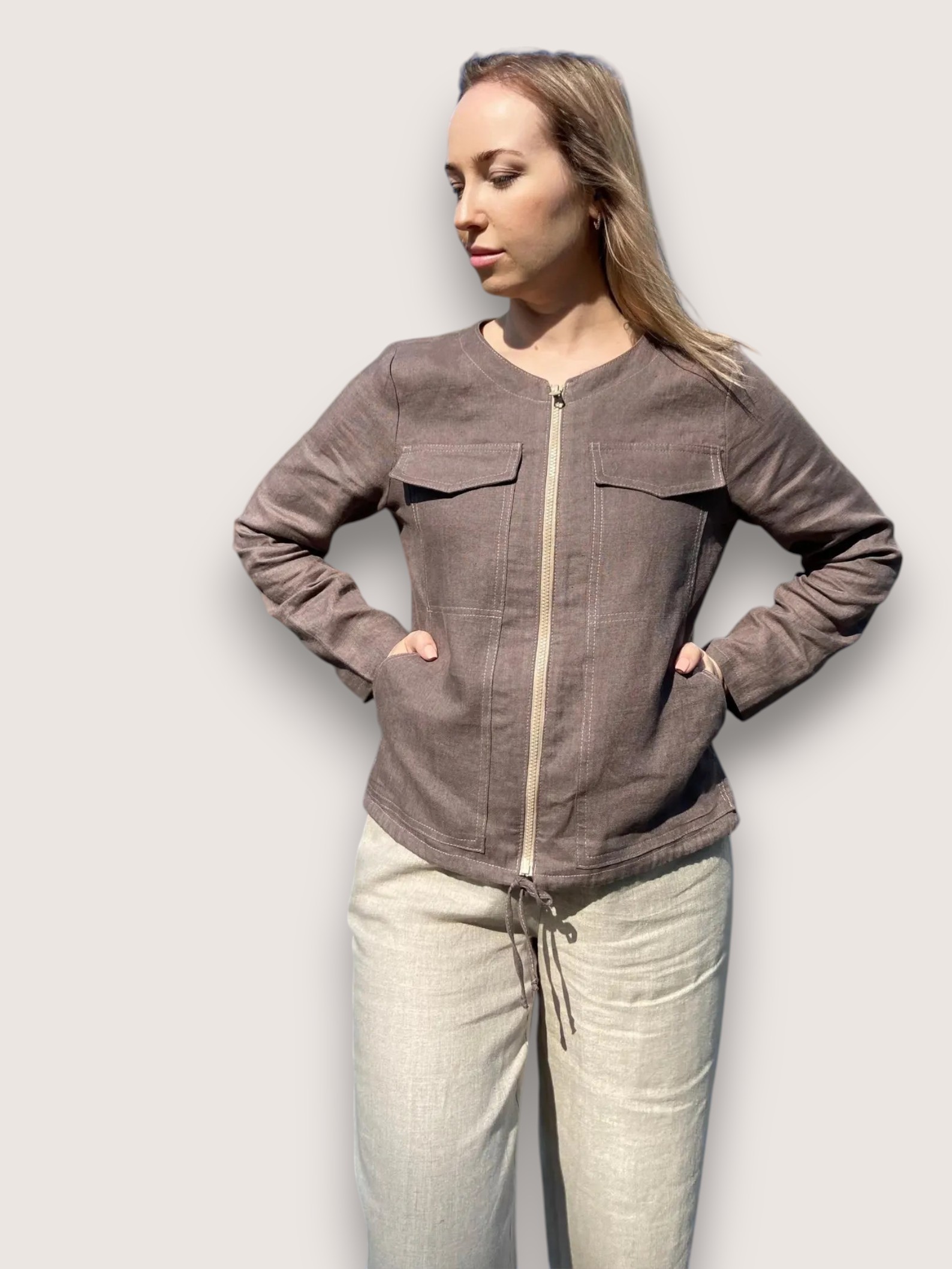 Rudas lininis švarkelis su užtrauktuku - Image 4