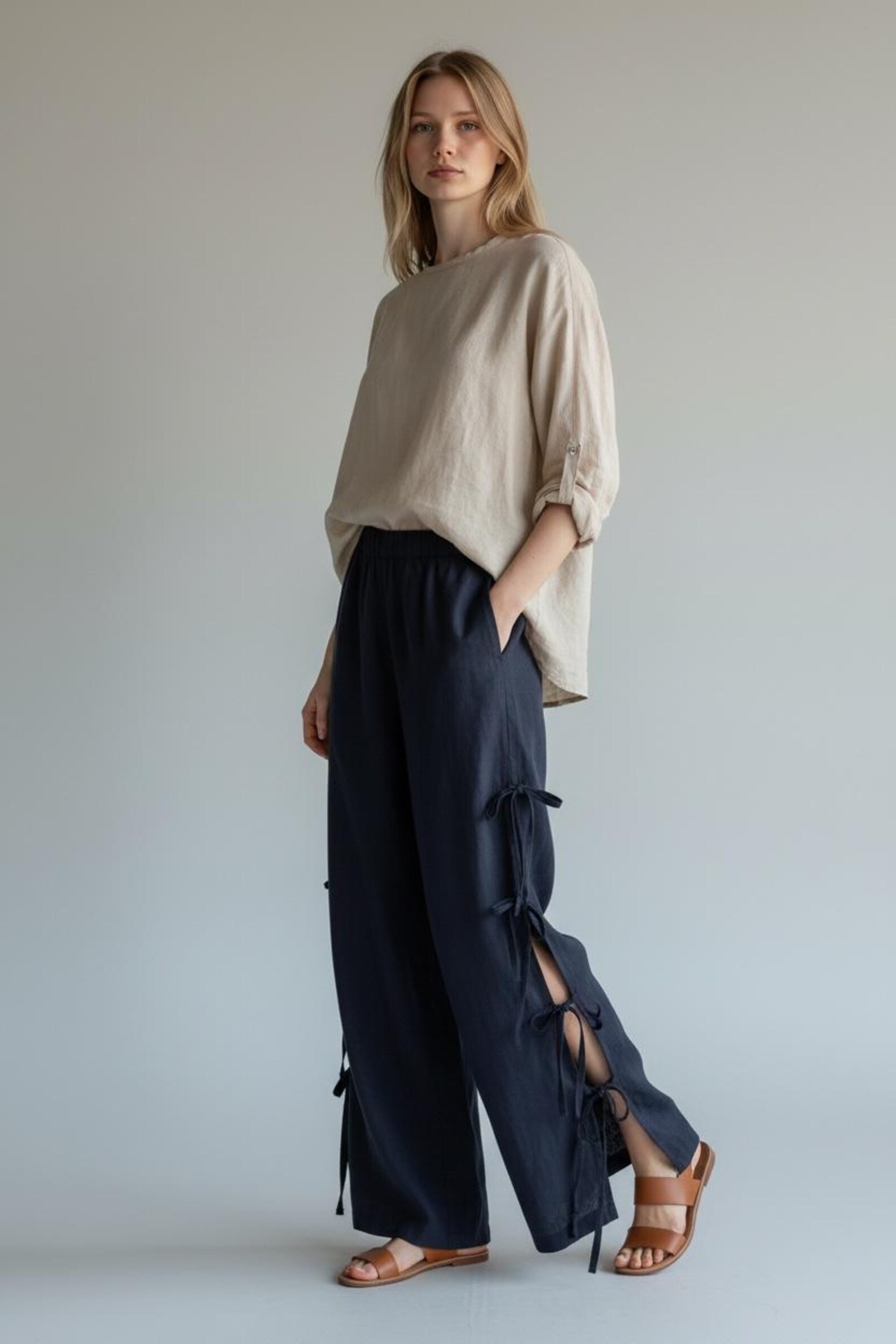 Plačios lininės kelnės su raišteliais šonuose - Image 4