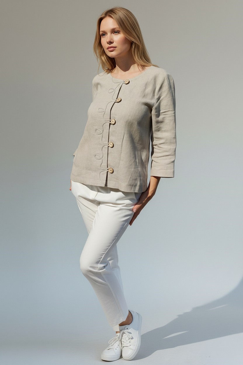 Natūralaus lino švarkelis su trijų ketvirčių rankovėmis, susagstomas - Image 4