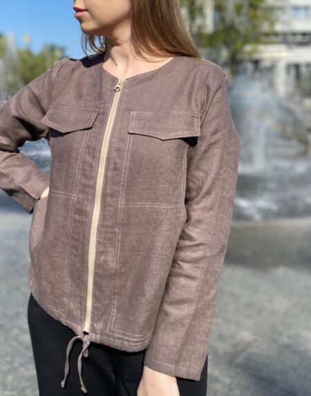 rudas lininis švarkelis, su kišenėmis ir užtrauktuku