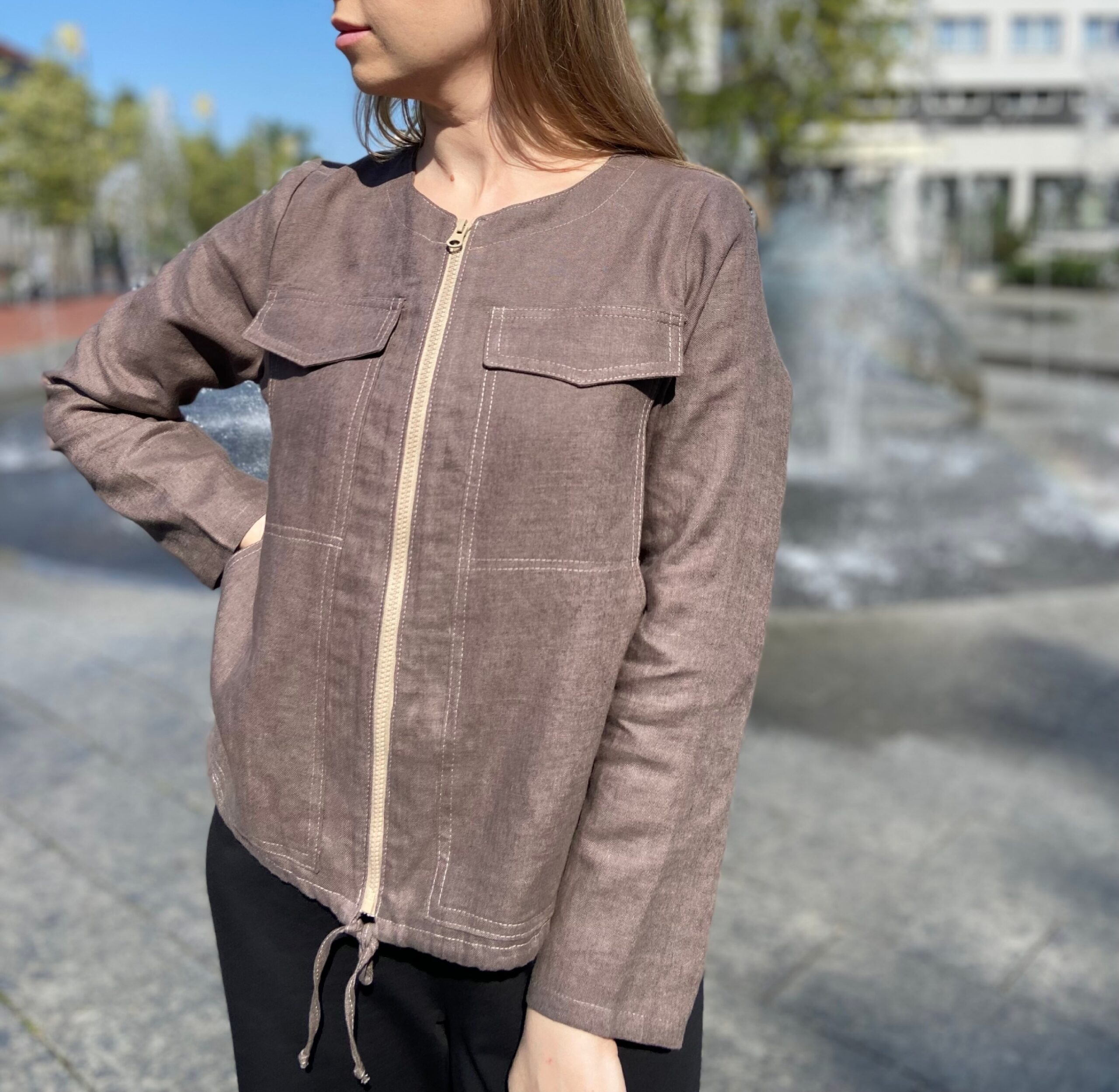 rudas lininis švarkelis, su kišenėmis ir užtrauktuku