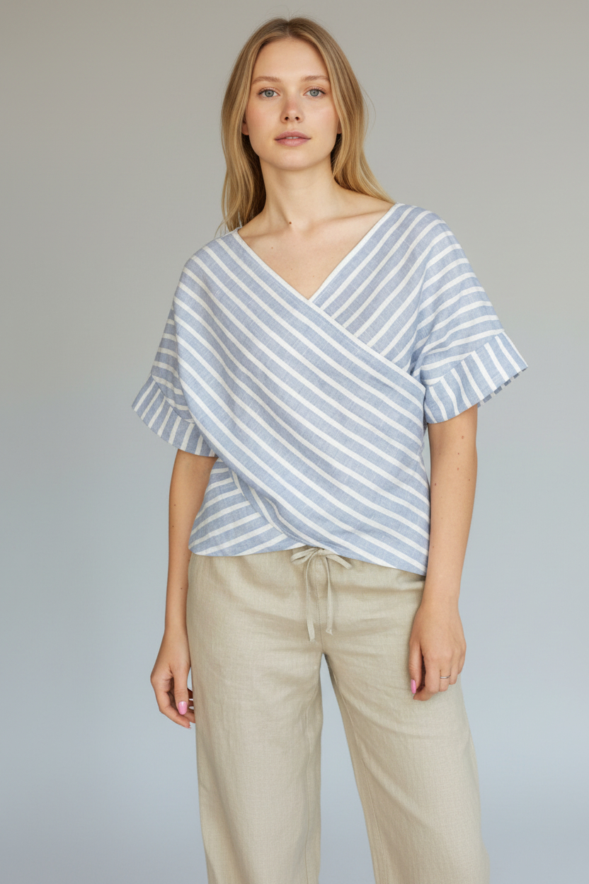 lininė palaidinė trumpomis rankovėmis, dryžuota lininė palaidinė