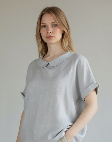 pilka lininė palaidinė, trumpomis rankovėmis