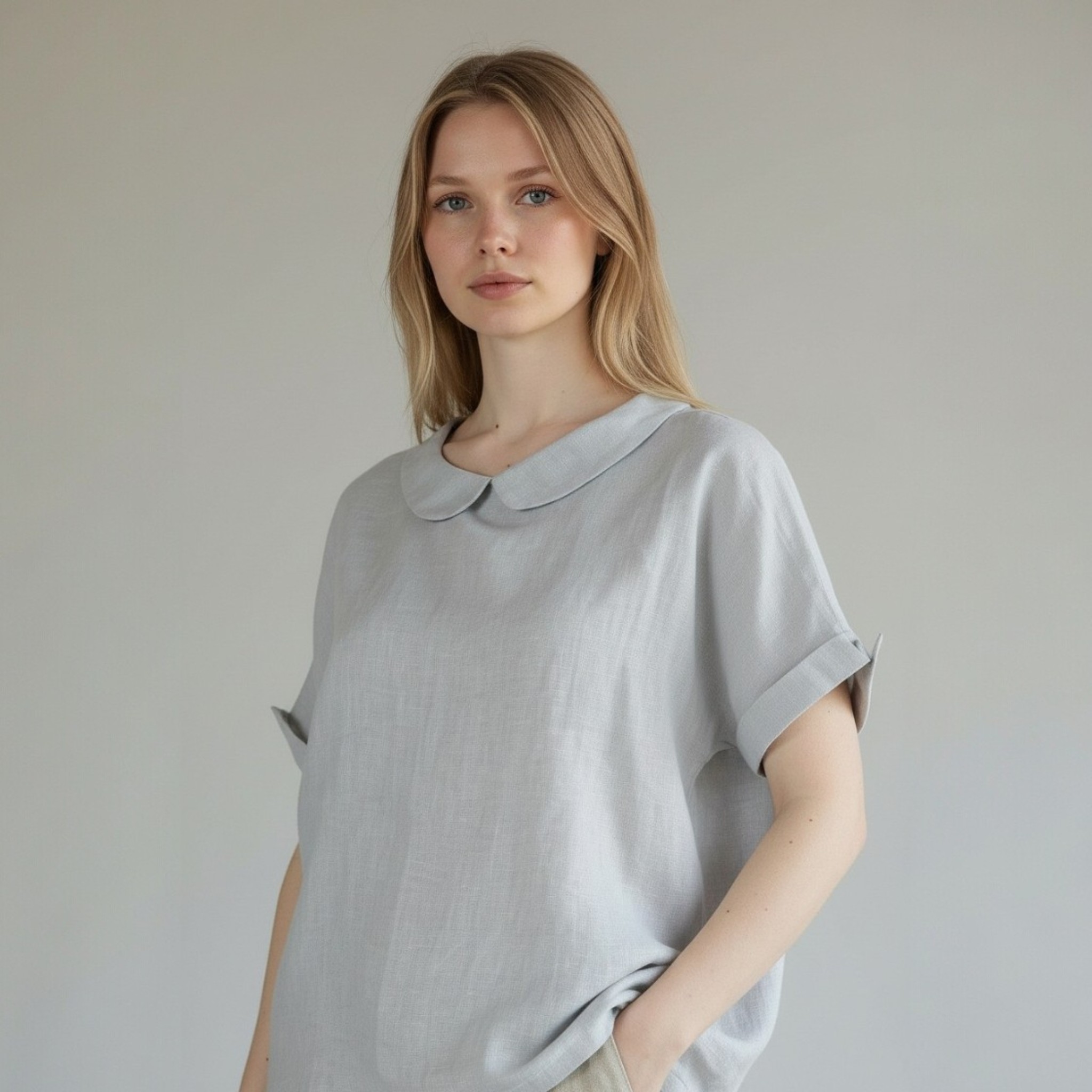 pilka lininė palaidinė, trumpomis rankovėmis